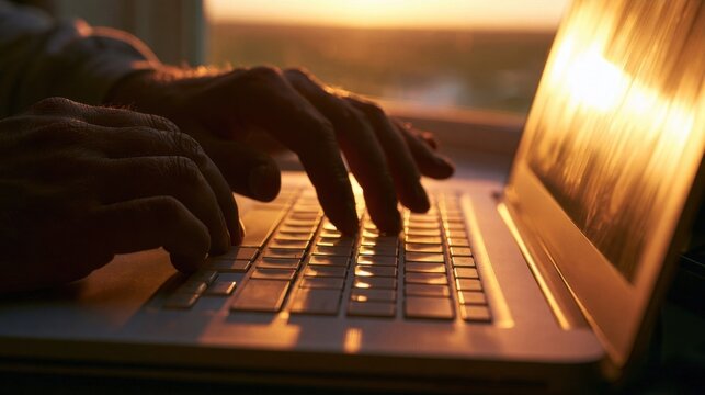 Hands typing on a laptop keyboard during golden hour sunset