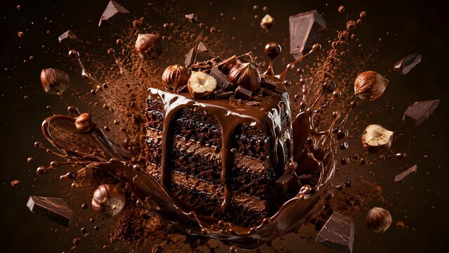 Decadent chocolate cake with hazelnut splash, gourmet cocoa dessert with flying nuts and chocolate pieces, dark fudge cake explosion