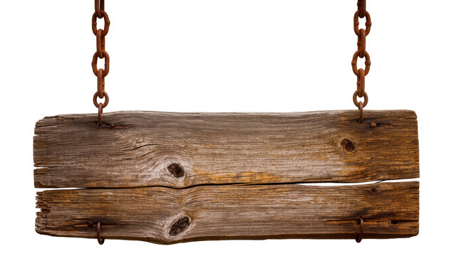 Rustic wooden plank sign with rusty chains, isolated on transparent background