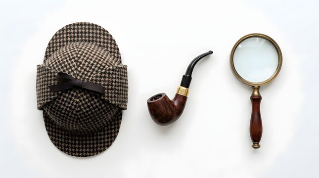 Detective deerstalker hat smoking pipe and magnifying glass on white background