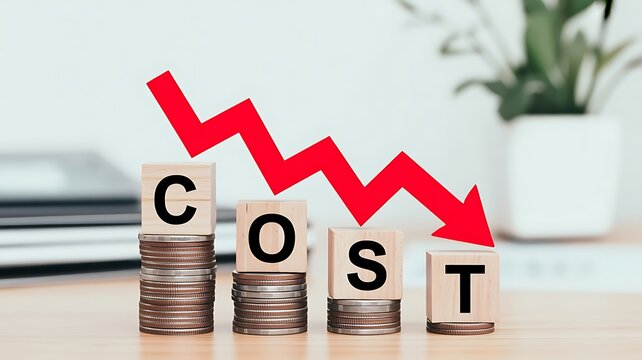 Stacks of coins with wooden blocks spelling cost and a red zigzag downward arrow representing financial reduction and business expense management
