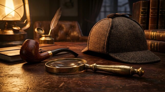 Detective deerstalker hat with pipe and magnifying glass on wood desk