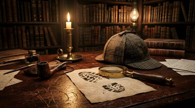 Detective desk with deerstalker hat and magnifying glass in library