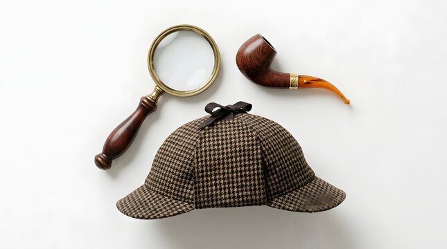 Detective gear with magnifying glass smoking pipe and deerstalker hat