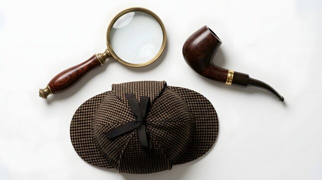 Detective magnifying glass with smoking pipe and deerstalker hat