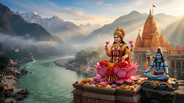 Goddess Lakshmi and Lord Shiva sitting on lotus by Ganges river temple