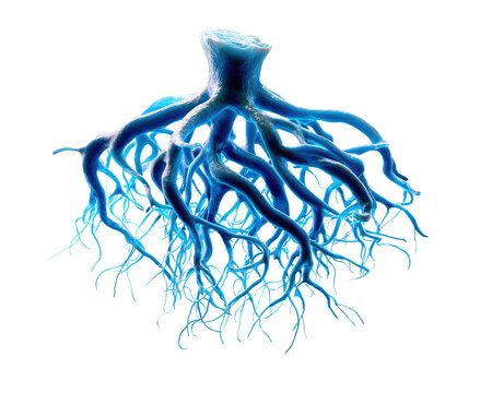 Abstract Blue Root System: A complex and intricate abstract representation of a blue root system, glowing with ethereal light against a clean background, suggesting growth and connection.