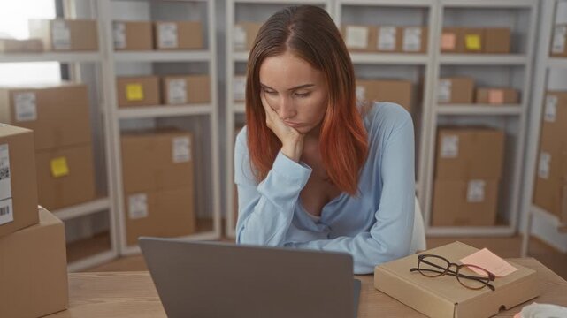 Woman at laptop with hand on cheek in a building filled with cardboard boxes and shelving; quiet contemplation.