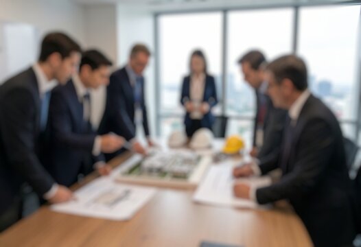 Blur image of architects reviewing architectural plans and collaborating on a building development project.