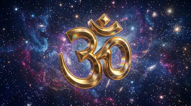 Golden Om symbol glowing against a vast cosmic nebula with glowing stars