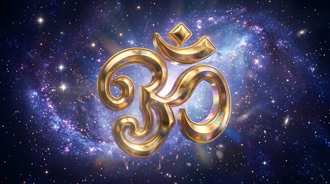 Golden Om symbol glowing brightly in a vast cosmic galaxy with starry night sky