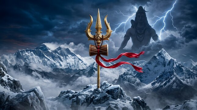 Golden Trishula trident with red scarf stands on a snowy mountain peak with Lord Shiva in the stormy sky