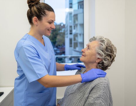 Campa&ntilde;a de salud preventiva para personas mayores. M&eacute;dica con una anciana recibiendo un chequeo de salud