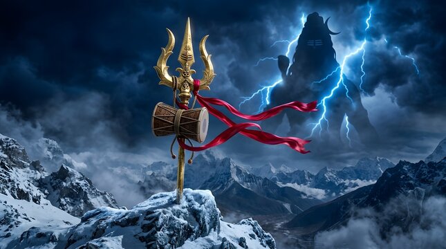 Golden Trishul and Damru with Lord Shiva silhouette on snowy mountain