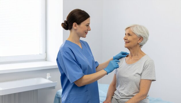 Campa&ntilde;a de salud preventiva para personas mayores. M&eacute;dica con una anciana recibiendo un chequeo de salud