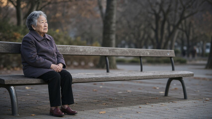 Fototapeta premium Elderly woman sitting alone on park bench in autumn, she experiences feelings of loneliness and isolation during a quiet moment, reflecting on memories and emotions.