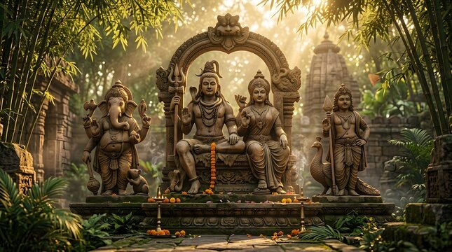 Hindu Deities Shiva Parvati Ganesha and Kartikeya Stone Statues in Temple