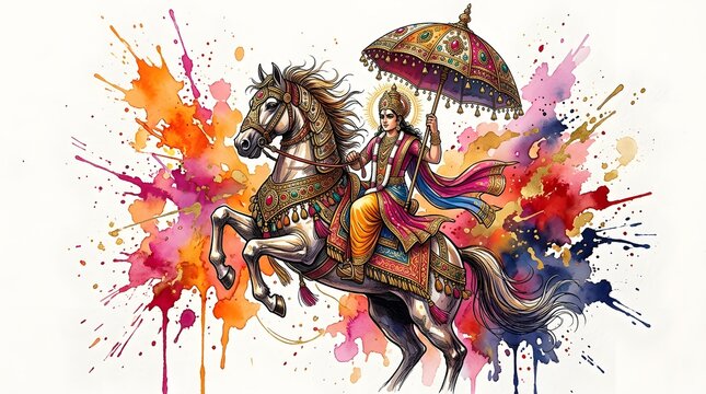 Hindu Deity Kalki Avatar Riding Horse with Umbrella on Watercolor Splash