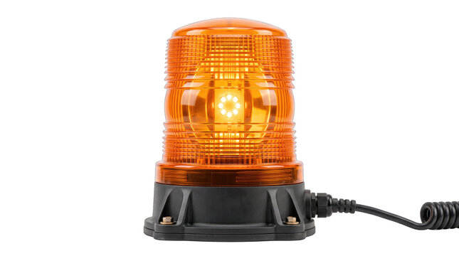 Emergency warning light beacon flashing on black base. Amber rotating safety signal for construction, traffic, or hazard alert systems.