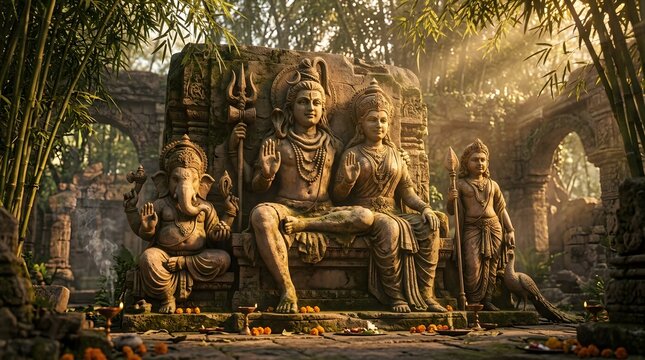 Hindu god Shiva family stone statues in ancient jungle temple shrine