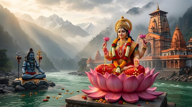 Hindu goddess Lakshmi sitting on lotus flower near temple and Shiva statue in mountain river valley