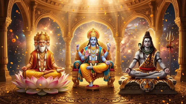 Hindu Trimurti deities Brahma Vishnu and Shiva in celestial temple