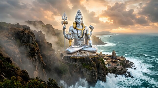 Large Shiva Statue Sitting on a Coastal Cliff at Murudeshwar India