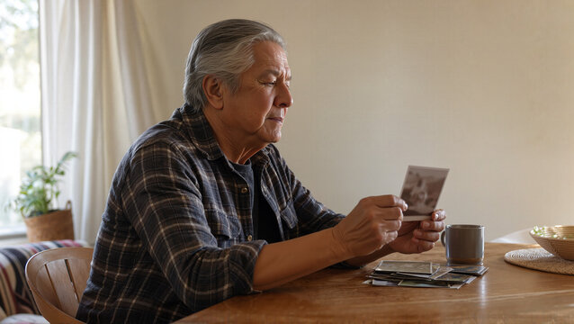 Elderly man reflecting on memories while holding a photograph at wooden table. Emotional moment illustrates connection to past, showcasing feelings of nostalgia and loss.