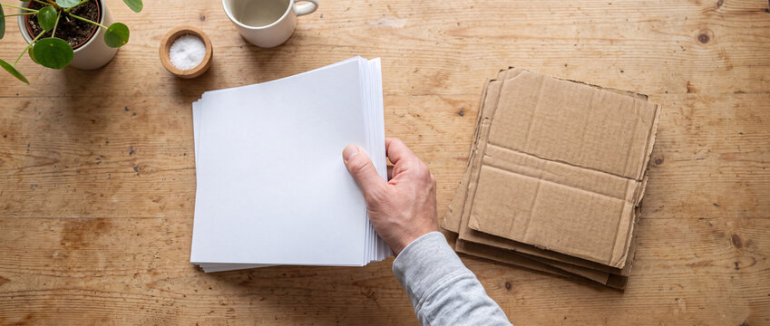 Hand holding stack of blank paper beside cardboard pieces on wooden desk workspace