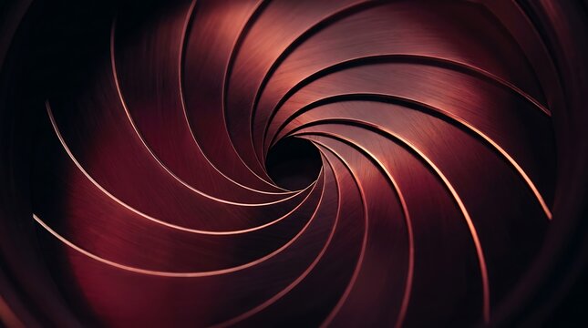Abstract background featuring a dark red metallic spiral aperture with a deep black circular center point