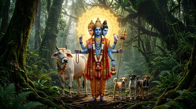 Lord Dattatreya standing with sacred cow and dogs in mystical forest