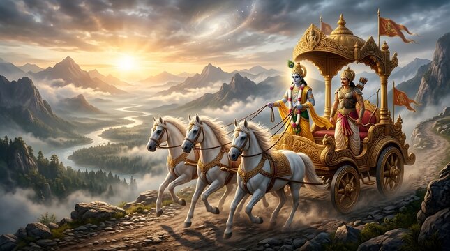 Lord Krishna and Arjuna riding a golden chariot at sunrise in mountains