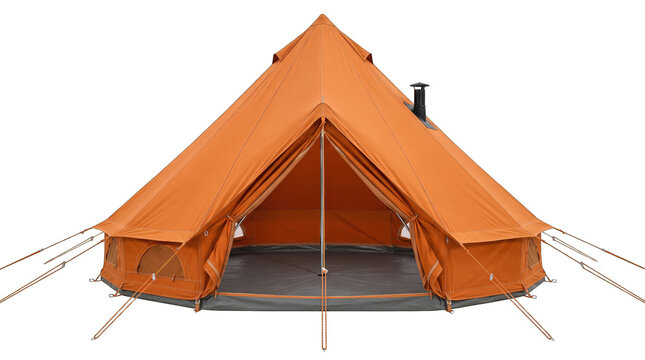 Orange camping tent isolated on transparent background. Portable outdoor shelter for hiking, travel, and adventure trips.