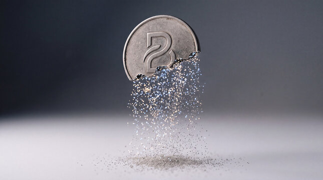 Disintegrating Bitcoin falling into particles symbolizing loss, price fall and economic decay