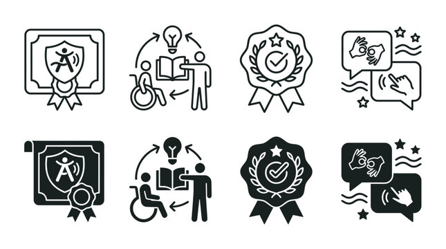 Inclusion and accessibility awards and training icons with inclusion accessibility training certificate disability