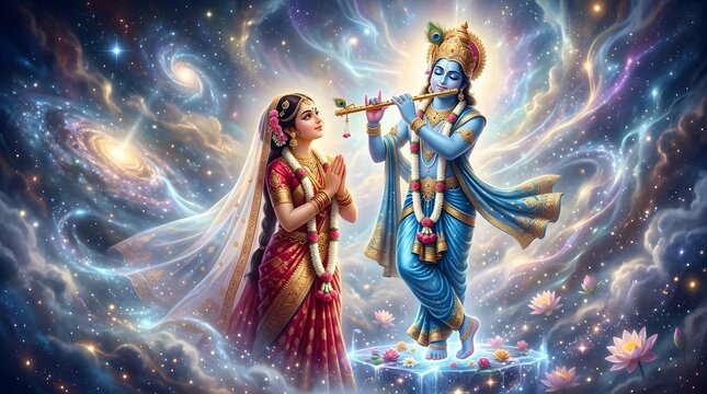 Lord Krishna plays flute for Radha in a celestial galaxy background