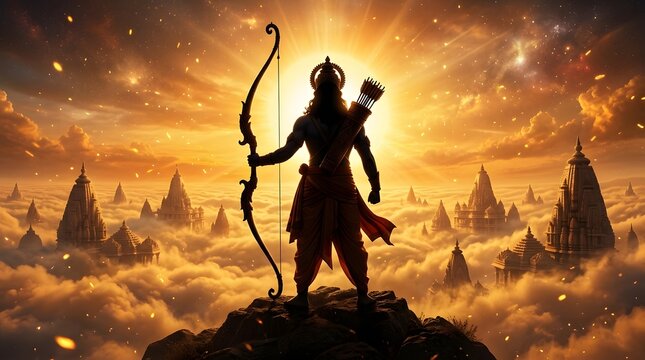 Lord Rama holding a bow standing on a cliff above clouds at sunrise