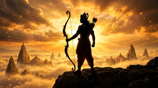 Lord Rama silhouette holding a bow standing on a cliff at sunset
