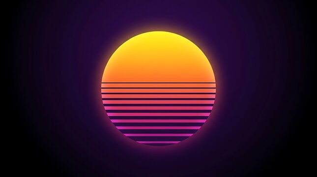 Retro eighties style glowing sun with horizontal lines against a dark purple and black gradient background