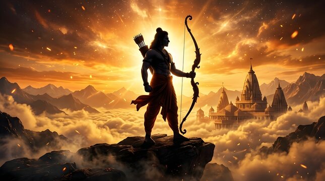 Lord Rama silhouette with bow and arrow standing on mountain peak before golden temple in divine sunset sky