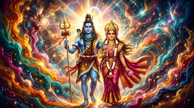 Lord Shiva and Goddess Parvati standing together in cosmic galaxy space