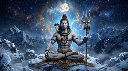 Fototapeta premium Lord Shiva meditating in lotus pose holding trishul on snowy mountain peak