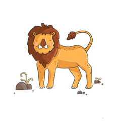 A cute and playful digital hand-drawn illustration of a smiling lion standing with small rocks and plants. Features a fluffy mane and friendly expression in a whimsical cartoon style. © Intan