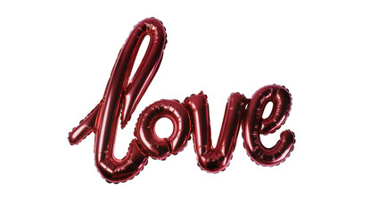 Shiny red metallic cursive love word balloons, isolated on transparent background