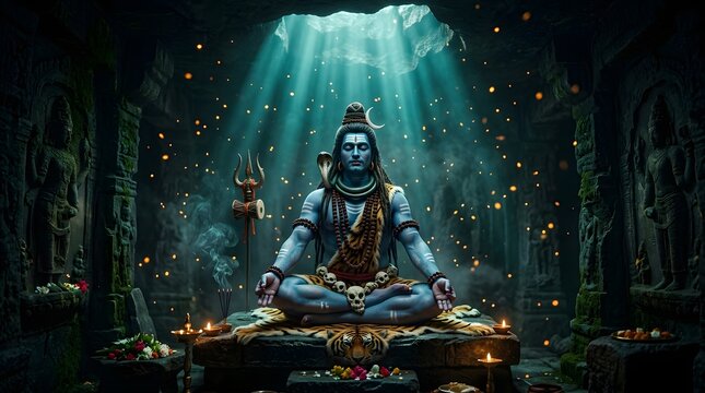 Lord Shiva meditating in a mystical ancient cave with divine light rays