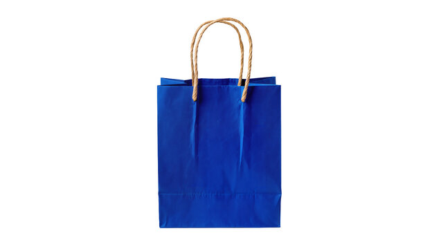 Blue paper gift bag with twisted rope handles, isolated on transparent background