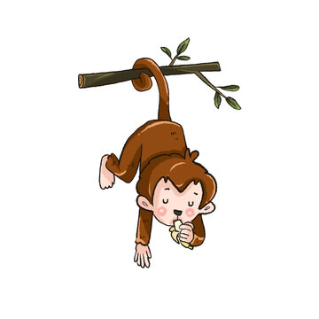 A playful hand-drawn digital illustration of a cute monkey hanging upside down from a tree branch while eating a banana. Designed in a cute, whimsical style perfect for nursery prints, etc