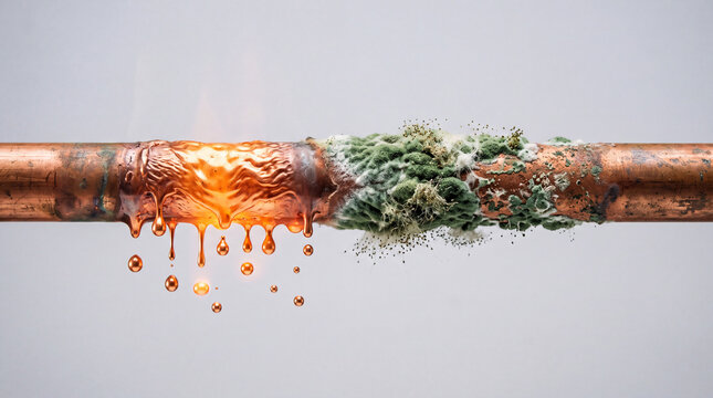 Damaged copper pipe with corrosion, mold growth and molten dripping metal leak hazard