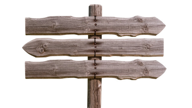 Rustic wooden directional signpost with three weathered planks, isolated on transparent background
