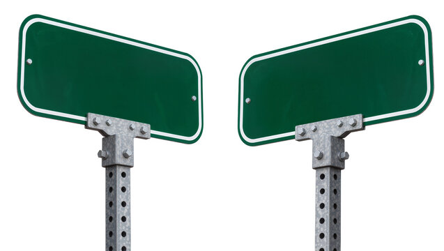 Two blank green street signs with metal posts, isolated on transparent background